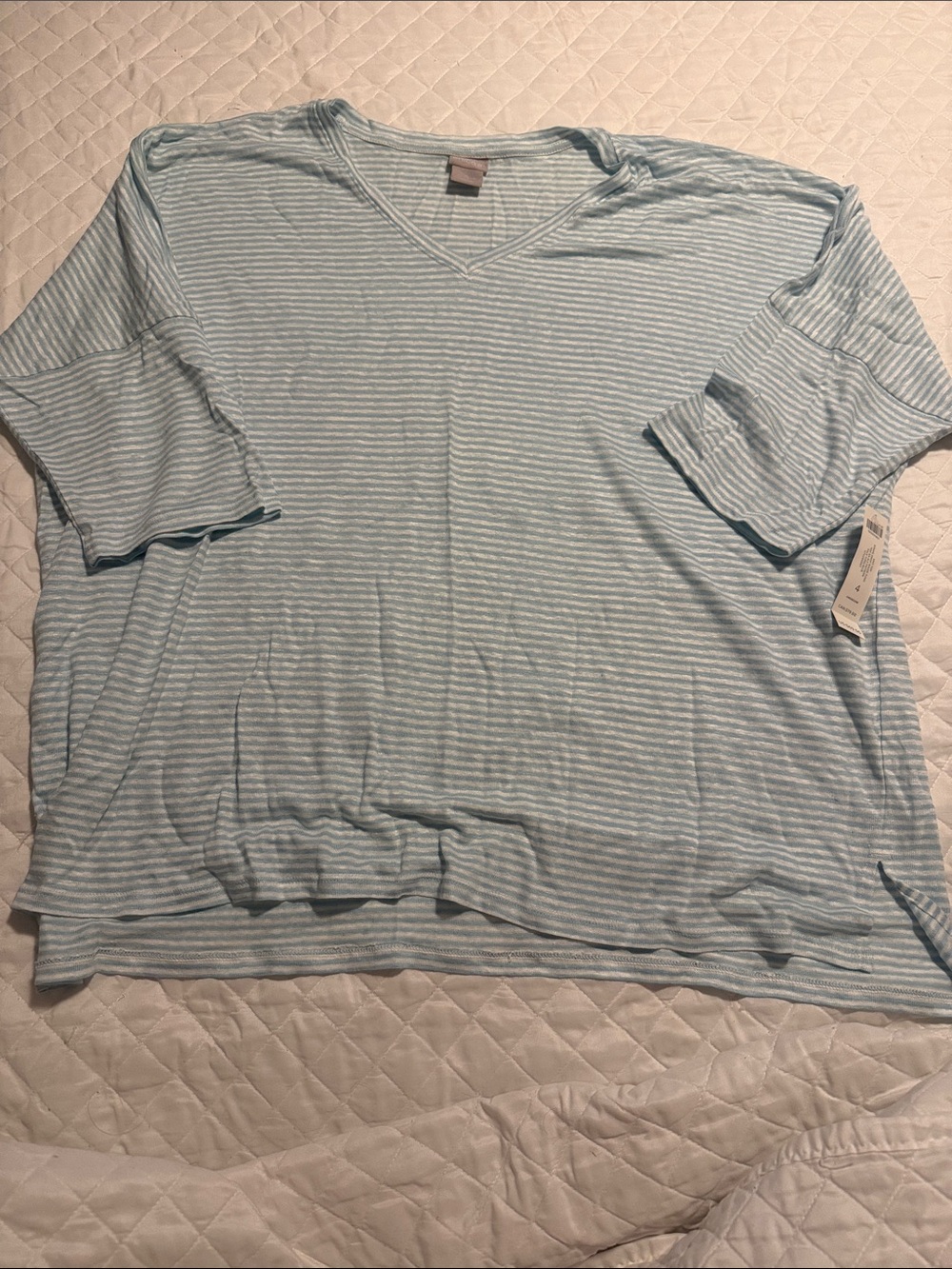 Chico's Soft Sky Blue & White Striped V-Neck Knit Top